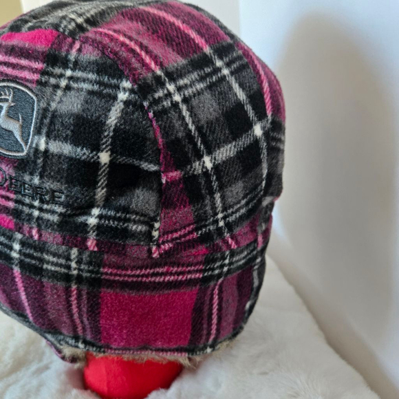 Women's John Deere Plaid Trapper Hat One Size Pink Black Faux Fur - Picture 5 of 12